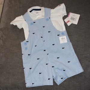 NEW w/ Tags! Baby whale sear sucker overalls and white polo shirt